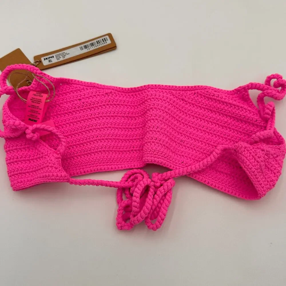 SKIMS Taffy PINK Women's Crochet Swim Scoop Bikini Top NWT Size XXS